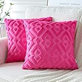 Artscope Pack of 2 Soft Plush Short Wool Velvet Decorative Throw Pillow Covers Luxury Style Cushion Covers European Pillow Shell for Sofa Bedroom Diamond Shape Hot Pink, 18x18 Inch