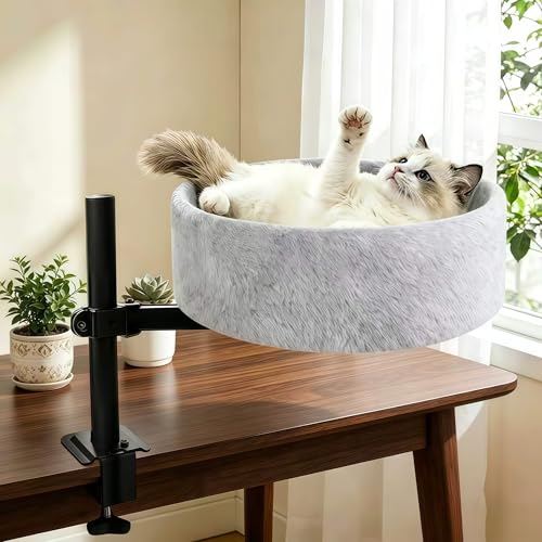 Cat Desk Bed 360 Rotating & Height Adjustable Desk Cat Bed Space Saving Modern Indoor Cats Nest Furniture Cozy Faux Fur Pet Nest Perch Hammock for Various Desktops 15.7 L*15.7 W*16.9 H Grey