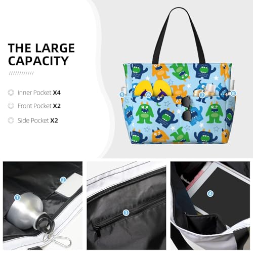 Cartoon Monster Large Beach Bag Waterproof Sandproof Swim Tote Pool Bag For Women With Zipper2