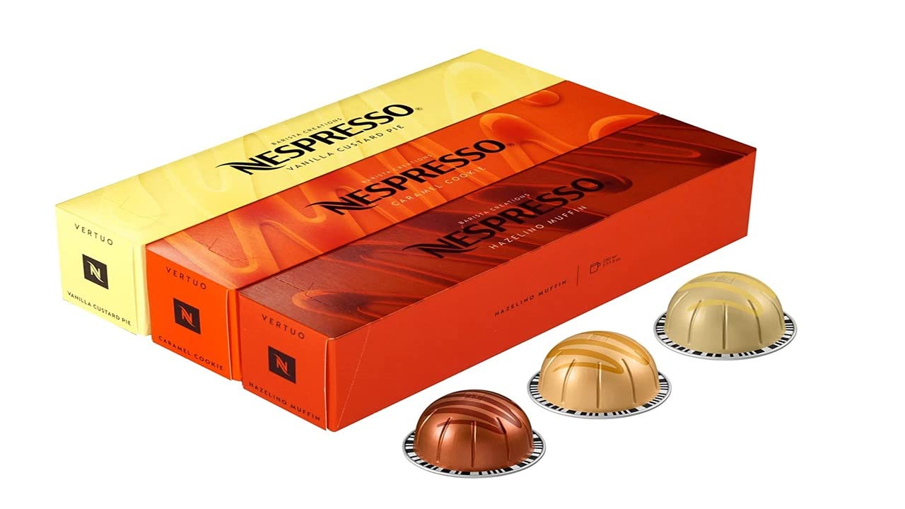 Vertuo line Flavored Assortment. Golden Caramel, Sweet Vanilla and Roasted Hazelnut Total of 30 capsules for Nespresso