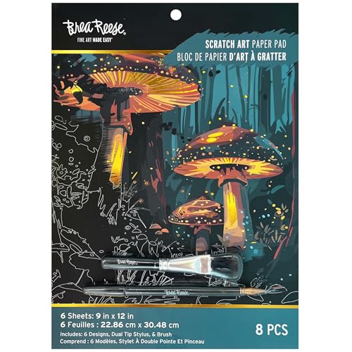 Brea Reese: Scratch Art Paper Pad - Magical Forest - 6 Designs Guided Art Metallic Accents Stylus & Brush Perforated 9x12 Pages DIY Adult Craft