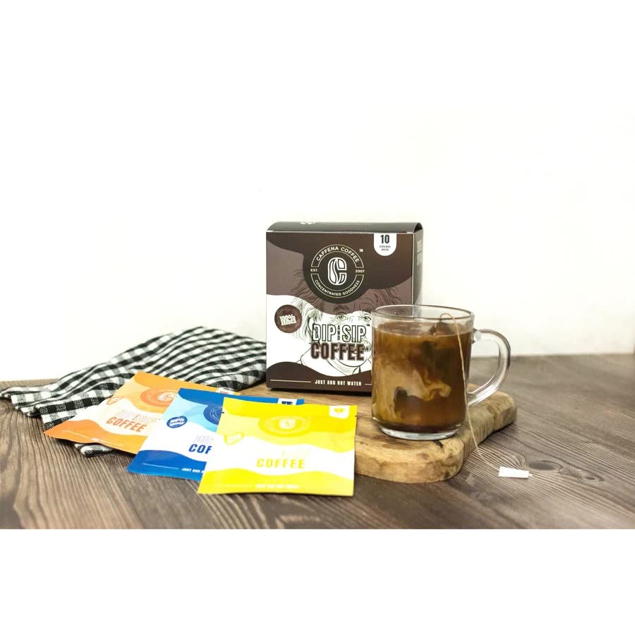 Caffena Coffee Einstein's Dip N Sip Assorted Pack | 10 Hot Brew Sachets | Makes 10 Cups - Single serve Specialty coffee | 100% Single Origin Arabica