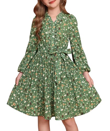 GRACE KARIN Girls Long Sleeve Fall Dresses Floral Party Formal Dress for Teen Casual Pleated Outfits Size 6-14Y