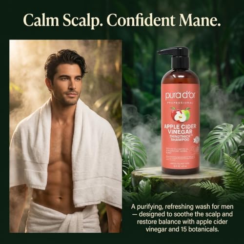 Image of PURA D'OR Apple Cider Vinegar Thin2Thick Shampoo - Biotin, Castor Oil for Reduced Frizz, Split Ends, Clarifying & Detox, No Parabens, No Sulfates, All Hair Types, Men & Women 16 Fl Oz