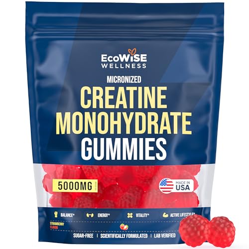 EcoWise Wellness Creatine Monohydrate Gummies 5000 mg, Strawberry Flavor, 120 Sugar-Free Vegan Chews, Creatine Supplement for Daily Routine
