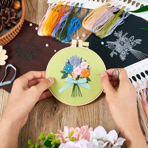 Image of Magibeads 3 Sets Bouquet Flowers Embroidery Kit Floral Embroidery Patterns Water Soluble Easy Cross Stitch Starter Kit Stick and Stitch Hobbies for Beginners Adults Sewing Gifts