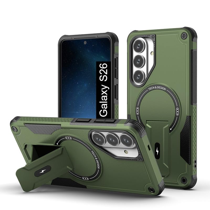 Image of US LITE Back Cover for Samsung Galaxy S26 with Portable Kickstand | MagSafe Compatible Magnetic Case | Shockproof Military Grade Protection | Extreme Protection Phone Cover - Green