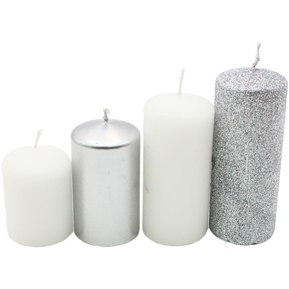 Dekohelden24 Candele a pilastro, candele dell'Avvento, candele a corona dell'Avvento, in argento e bianco, 4 misure – H 5 – 10 cm, Ø 4 cm, 280 g
