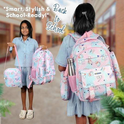 Image of Storite 3 in 1 School Bag Set for Kids Girls 15L | Backpack with Lunch & Pencil Pouch |Stylish Water-Resistance Lightweight Durable for Travel | Birthday Gift (Purple Blue - 33x14x43 Cm)