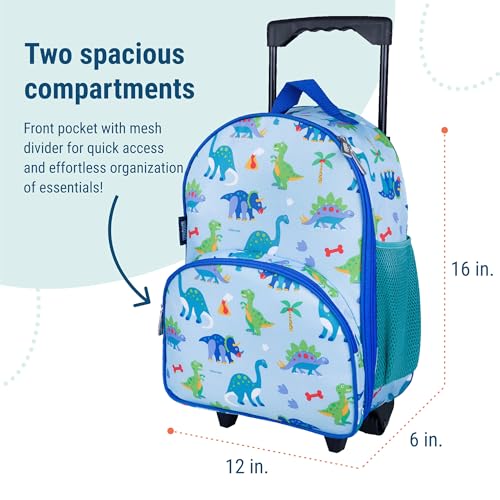 Image of Wildkin Kids 16 Inch Rolling Luggage for Boys & Girls - Lightweight Carry-On Suitcase with Telescoping Handle & Rolling Wheels for School, Travel & Overnight Trips (Dinosaur Land)