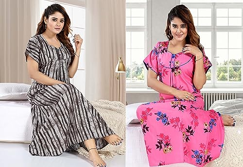 Image of YKI Women's /Girls Cotton Fabric Beautiful Print Nighty /Nightgown /Nightwear /Nightdress with Pocket (Pack of 2)