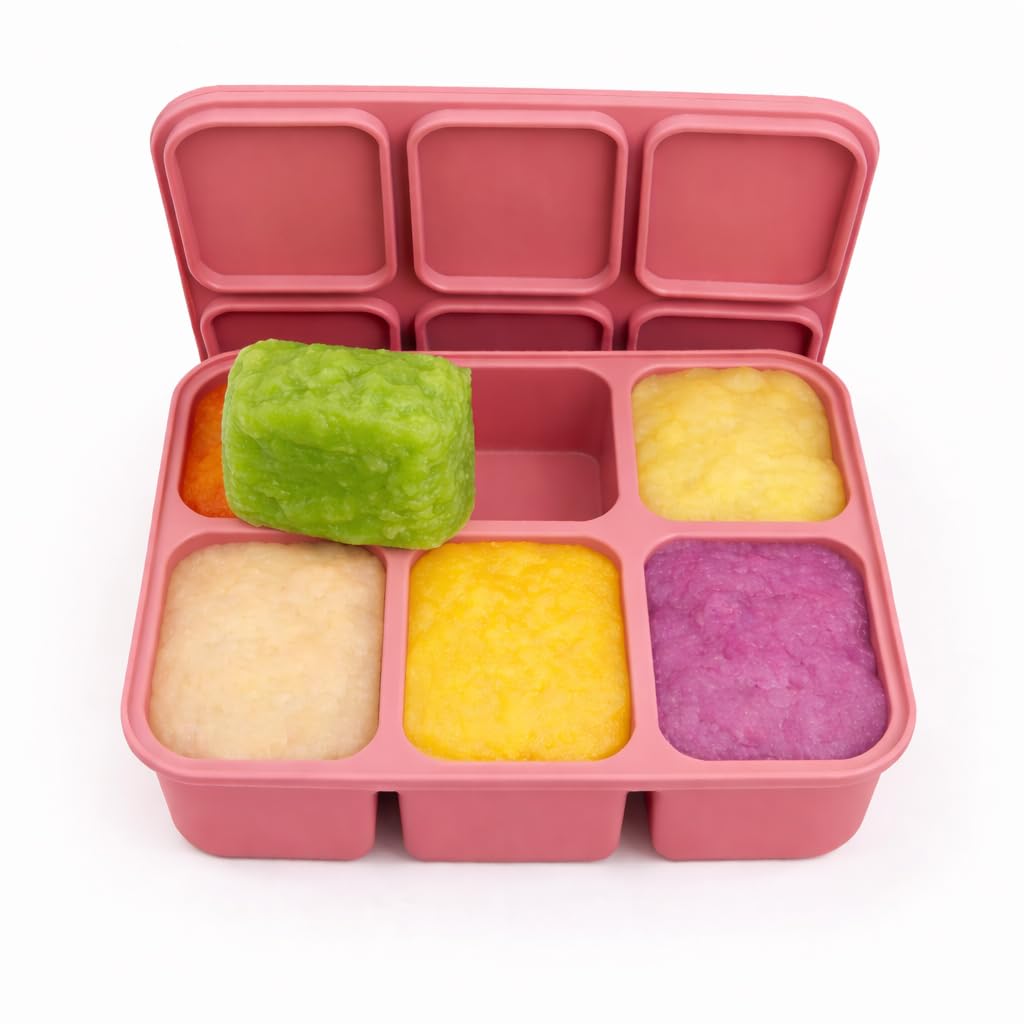 Pick Plate Silicone Freezer Trays with Lid, 6 Compartments, 15x12x4cm, BPA Free, Stackable, for Ice Cubes, Sauce Portions, Stock or Broth Portions (Pink)