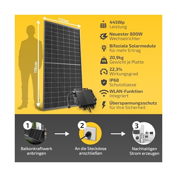 Solakon® 830W Balkonkraftwerk 800W komplett Steckdose - Balkonkraftwerk 800 Watt upgradebarer Wechselrichter 600W - Solaranlage Komplettset mit 415W Solarmodule – Bild 8