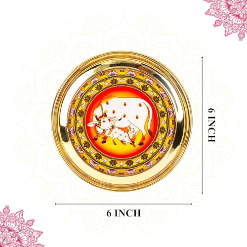 Image of Klassic 6 Inch Handcrafted Brass Thali /Aarti Plate | Cow Design, Beautifully Embossed Colorful Decorative Plate for Puja /Worship, Aarti, Karwa Chauth, Navratri, Diwali Gift | Medium(Pack of 1, Golden)