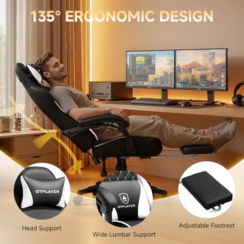 Image of GTPLAYER Gaming Chair, High Back Leather Computer Gaming Chair with Footrest, Ergonomic Height Adjustable Office Chair with Removable Cover and Lumbar Support for Gaming & Work,White