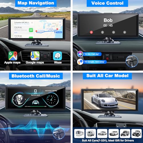 Portable Wireless Carplay& Android Auto Car Screen,10.26 Inch IPS Touchscreen with 4K Dashcam and HD Back-up Camera Support Bluetooth/Siri/Google/GPS/Mirror-Link, Double Din with 64G TF Card Included - Image 7