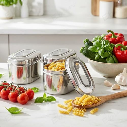 Image of Ebun Stainless Steel Top See Through Containers | Stainless Steel Container with Lid | Capsule Shape Steel Kitchen Containers Set | Steel Airtight Container | 500 Gms Capacity Approx | Pack of 3
