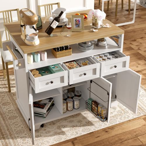 Isola Cucina Ruote Pieghevole, Legno Bianco, 118x43x98 cm