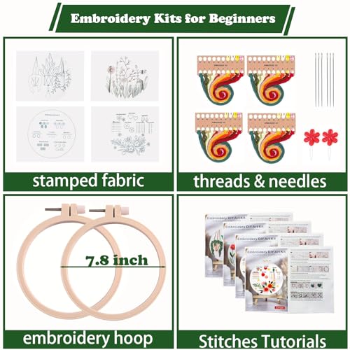 Image of Topapfo 4 Pack Flower Embroidery Beginners Kits for Adults, Cross Stitch Starters Kits Needlepoint with Stamped Embroidery Patterns, Hoops, Thread, Needles, Threaders