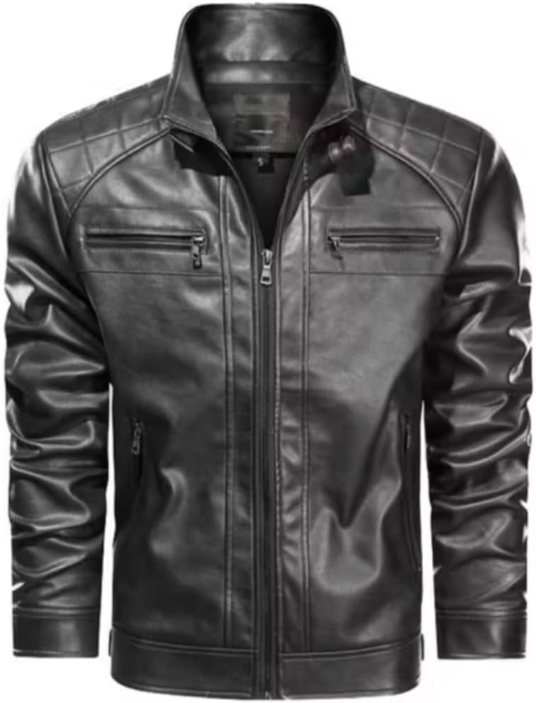Jaqueta Masculina em Couro Sintético, Design Moderno, Zíperes Múltiplos, Preta