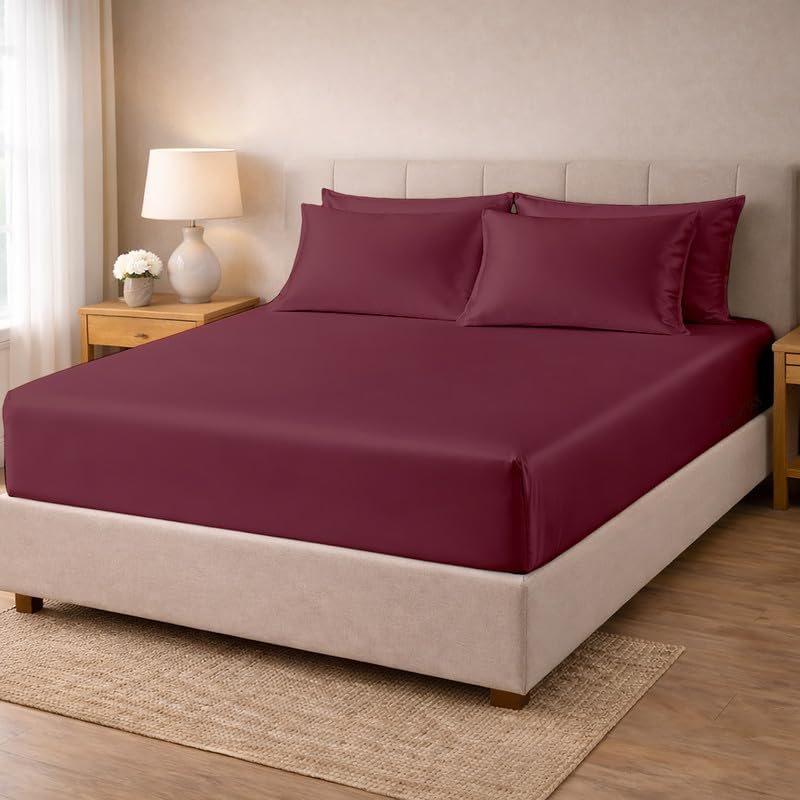 Image of Filbert - Premium Satin Fitted Bedsheet King Size (72x78 Inch) with 2 Pillow Covers | Hypoallergenic Breathable | Hair and Skin Friendly, Women Gift Choice|Royal Wine