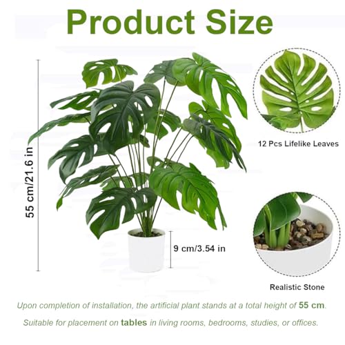 Laelfe Artificial Monstera Plant, 55cm Faux Monstera Deliciosa with White Pot, Realistic Tropical Desk Plant for Home Office Tabletop, Bedroom Nightstand, Living Room Shelf Decor (12 Leaves) - Image 2