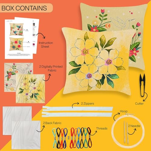 Image of picknMAKE Pack of 2 DIY Cushion Cover Hand Embroidery Kit for Beginners & Adults - Botanical Harmony Set | 16 inchx16 inch Cross-Stitch Pillow Covers with Digitally Printed Designs | All Materials Inside