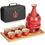 Japanese Sake Set with Warmer | 11 pc | 6 Sake Cups | Sake Bottle | Bamboo Sake Cup Tray | Travel Case
