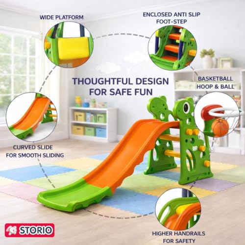 Image of Storio Giraffe Slide for Kids with Basketball Hoop | Indoor Outdoor Toddler Climber Playset for 2+ Years | Safe & Sturdy Plastic Garden Slide Toy for Boys & Girls - Green Orange