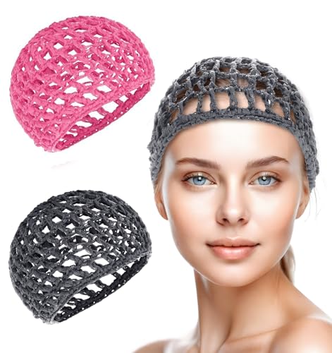 Hair Wrap Net for Silk Press, 2 Pcs Reusable & Elastic Crochet Hair Net for Sleeping, Shower, Makeup, All Night, (Pink, Gray)
