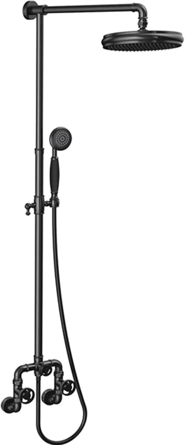 Exposed Shower Faucet Set Black, Wall Mounted Shower Industrial Style, 8 Inch Rain Shower Head with Hand Shower, Tub Spout, Vintage Bathtub Shower Mixer Tap