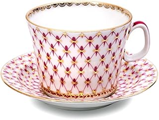 Lomonosov Porcelain Tea/Coffee Cup and Saucer Red Net 7 oz/210 ml