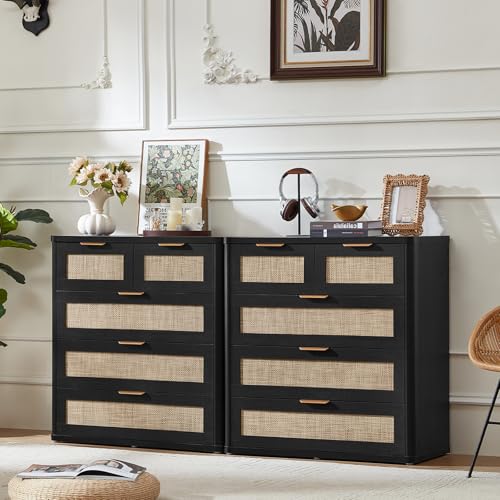 Image of LEYAOYAO Rattan Dresser for Bedroom Set of 2, 33.5 inch Tall Chest of Drawers, Modern 5 Drawers Boho Dressers with Storage, Light Oak Dresser Wooden Closet Organizer for Living Room, Hallway, Black