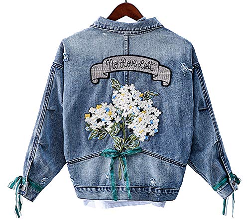 QZUnique Women Embroidery Denim Jacket Casual Jean Jacket Plus Size Short Denim Coat Outerwear US M