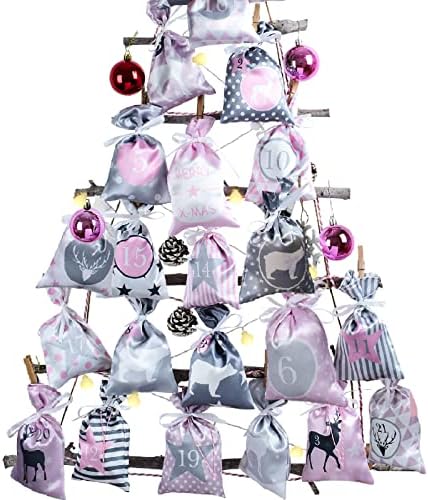 Adventskalender zum Befüllen, 24 Stoffsäckchen zum Selbstbefüllen Rosa 2026 | Adventskalender Bedruckt Stoff Säckchen Weihnachtskalender zum Selber Befüllen