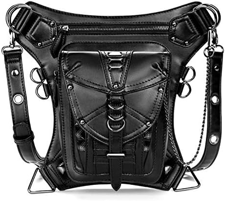 Women Men PU Leather Waist Drop Leg Bag Punk Big Bike Cycling Hiking Fanny Pack Waterproof Unisex Hip Thigh Pouch Rivet Shoulder Bag Purse Black