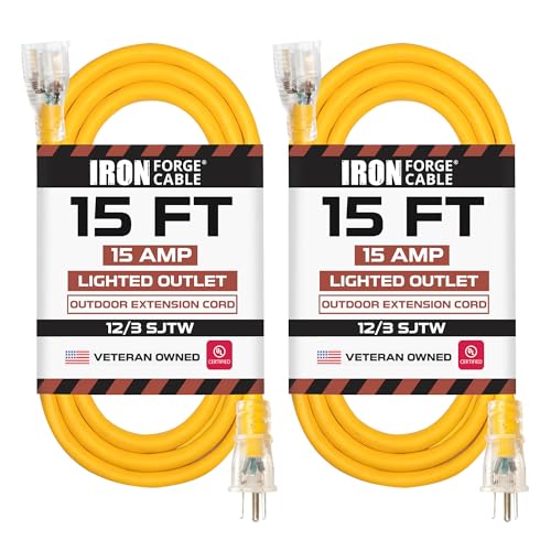Iron Forge Cable Lighted Outdoor Extension Cord 15 ft 2 Pack - 12 Gauge 15 Amp Heavy Duty Power Extension Cords - SJTW - Great for Major Appliances, Power Tools, Garden Supplies - Yellow