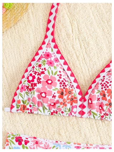 Image of BEAUDRM Girl's 2 Piece Floral Print Swimsuits Halter Triangle Bikini Boho High Waisted Bathing Suit