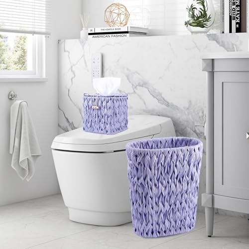 Image of Wicker Trash Can and Square Tissue Box Cover, 4 Gallon Water Hyacinth Bathroom Trash Can, Handwoven Napkin Holder,Narrow Small Waste Basket,Rustic Decorative Home Set for Bedroom,Office (Light Purple)