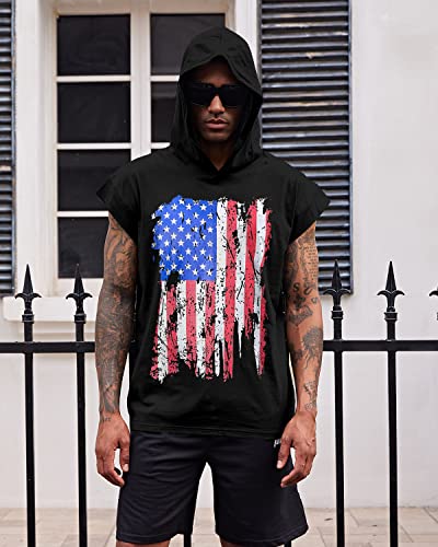 Uideazone American Flage Shirt For Men Sleeveless Hooded Tank Tops Gym Workout Muscle Shirts Black #TOP4