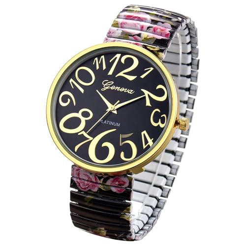 Oidea Womens Elastic Strap Watch: Elegant Bohemian Ladies Watches Super Large Clear Arabic Numerals Easy Reader Watches Business Casual Bracelet Watch, Black