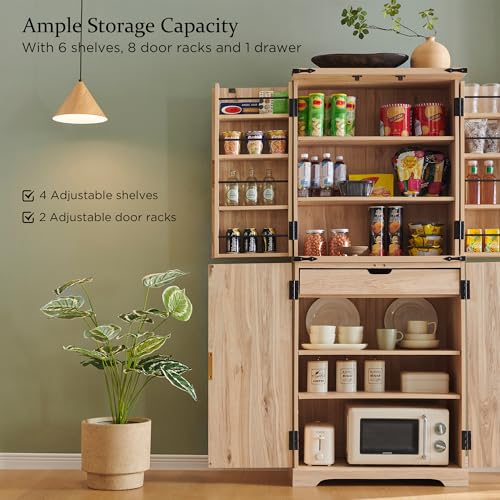 Fluted Pantry Cabinet, 72" Tall Modern Storage Cabinet with 4 Doors, Organizer, Drawer and Adjustable Shelves, Wood Cupboard for Kitchen, Dining Room, Living Room and Bathroom, Natural Oak