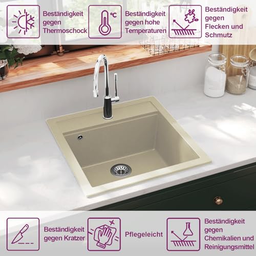 vidaXL Granitsp&uuml;le Doppelbecken Kratzfest K&uuml;chensp&uuml;le Einbausp&uuml;le Sp&uuml;lbecken Sp&uuml;le K&uuml;che Waschbecken K&uuml;chenbecken Auflagesp&uuml;le Beige Granit 490x510mm