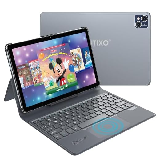 Contixo Tablet A1 HD de 10,1 polegadas com teclado de 128 GB, 6 GB de RAM, CPU Octa-Core 2.0GHz Android 12, tablets infantis, câmera dupla, Bluetooth, WiFi + 80 E-Book da Disney E-Book Google Tablet PC (cinza 2023)