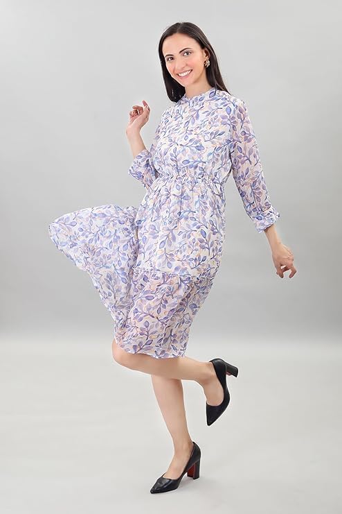 Image of A-Line Floral Printed Fit & Flared Western Brown Dress for Women | One Piece Midi Dress for Women Stylish Western Printed Dresses