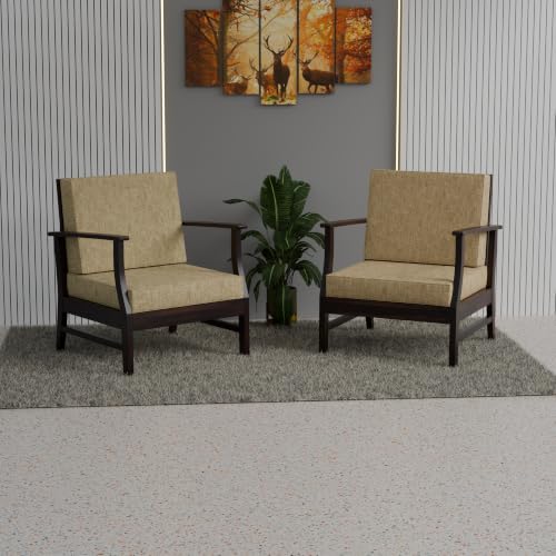 Image of Krishna Wood Decor Wooden Armchair Home Furniture Solid Sheesham Wood Single Seater Sofa Cum Chair Set of 2 Patio,Outdoor,Garden Chair, Balcony Indoor Sofa Stool, Beige Cushions,Walnut Finish