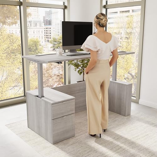 Image of Bush Business Furniture 72-inch Electric Height Adjustable Standing Desk with File Cabinet, Ergonomic Sit-Stand Computer Table for Office, Stratus Collection, Platinum Gray with Metallic Gray Base