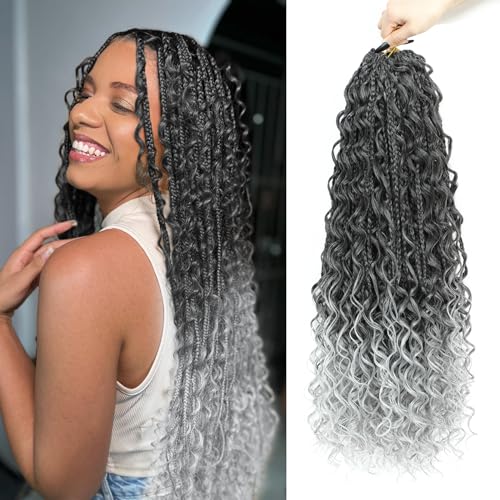 LIYATE 24 Inch Grey Crochet Hair for Women 7 Packs Goddess Box Braids Crochet Hair Pre Looped Synthetic Bohomian Crochet Braids with Curly Ends Braiding Hair Extensions, 1B/Gray