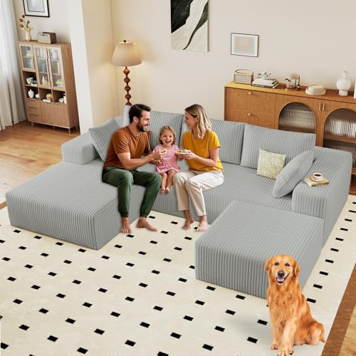 Image of 96 inch Modular Sectional Sofa with Ottoman, Modern Corduroy Cloud Couch with Deep Seat, Boneless Couch Upholstered 3-Seater U-Shaped Sofa for Living Room, No Assembly (Light Grey, Left-Facing Chaise)