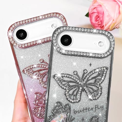 Image of Elzzi Electroplated Butterfly Phone Cover for iPhone 17 Air Case, Showcasing Pearlescent Diamond Soft TPU, Camera Protection, Shockproof, Dropresistant Stylish for Girls & Women (Grey)